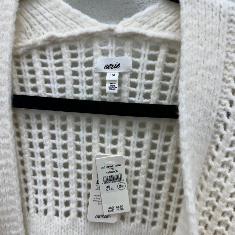 Aerie Natural Knit Fringe Open Front Cardigan Sweater Womens size Large NEW - Picture 2 of 7